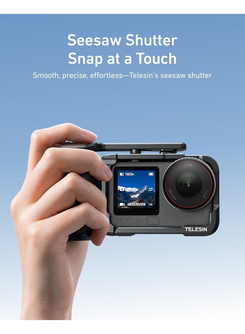 تيليسن طقم مقبض الشارع المعدني المصنوع من سبائك الألومنيوم من TELESIN لطائرة DJI Action 6، مزود بحامل مقبض كاميرا بقفص معدني وزر غالق متأرجح، وغطاء من سبائك الألومنيوم، وفتحة لبطاقة ذاكرة TF احتياطية، وإمكانية الوصول السريع إلى البطارية. - Image 3